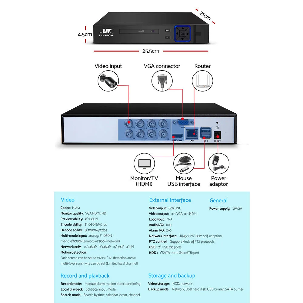 1080P 8CH DVR CCTV System, 4 Cameras, 1TB HDD - UL-Tech