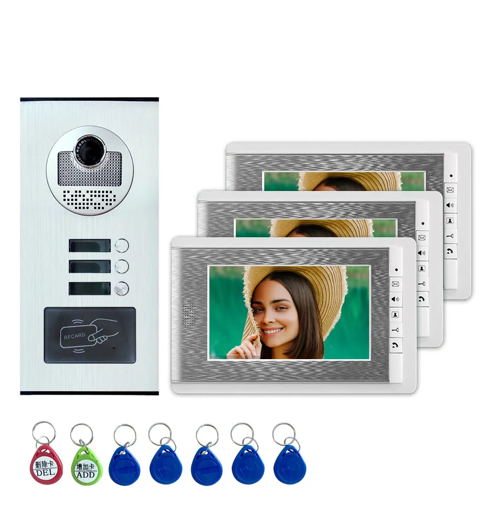 2/3/4 Units Apartment intercom system Video Door Phone Intercom Kits Aluminum Alloy Camera 7" Monitor video Doorbell 7 RFID Card