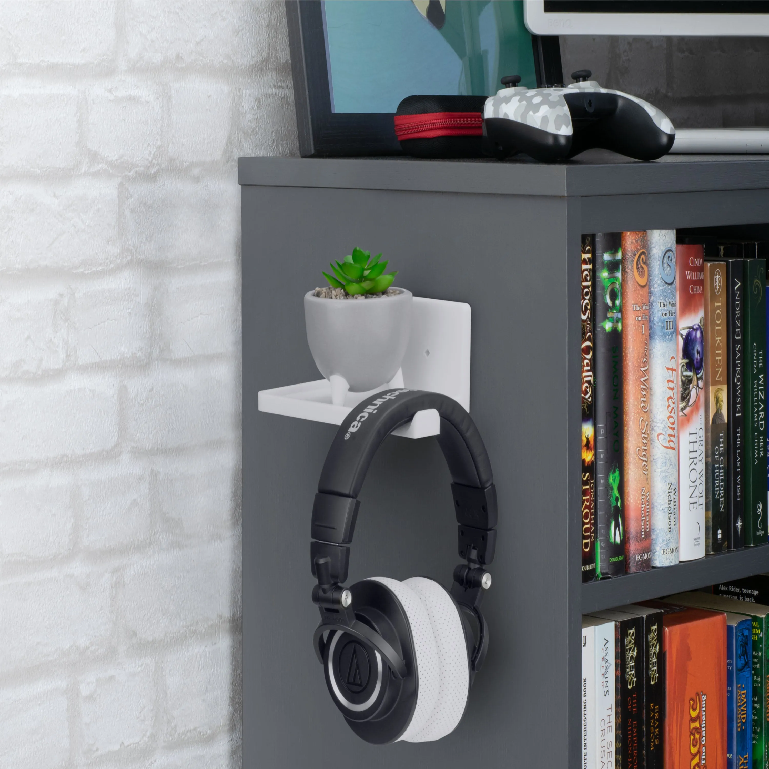 5” Small Floating Shelf with Headphone Hanger, Adhesive & Screw In, For Bluetooth Speakers, Cameras, Plants, Toys, Books & More By Brainwavz (RF2105-HP, White)