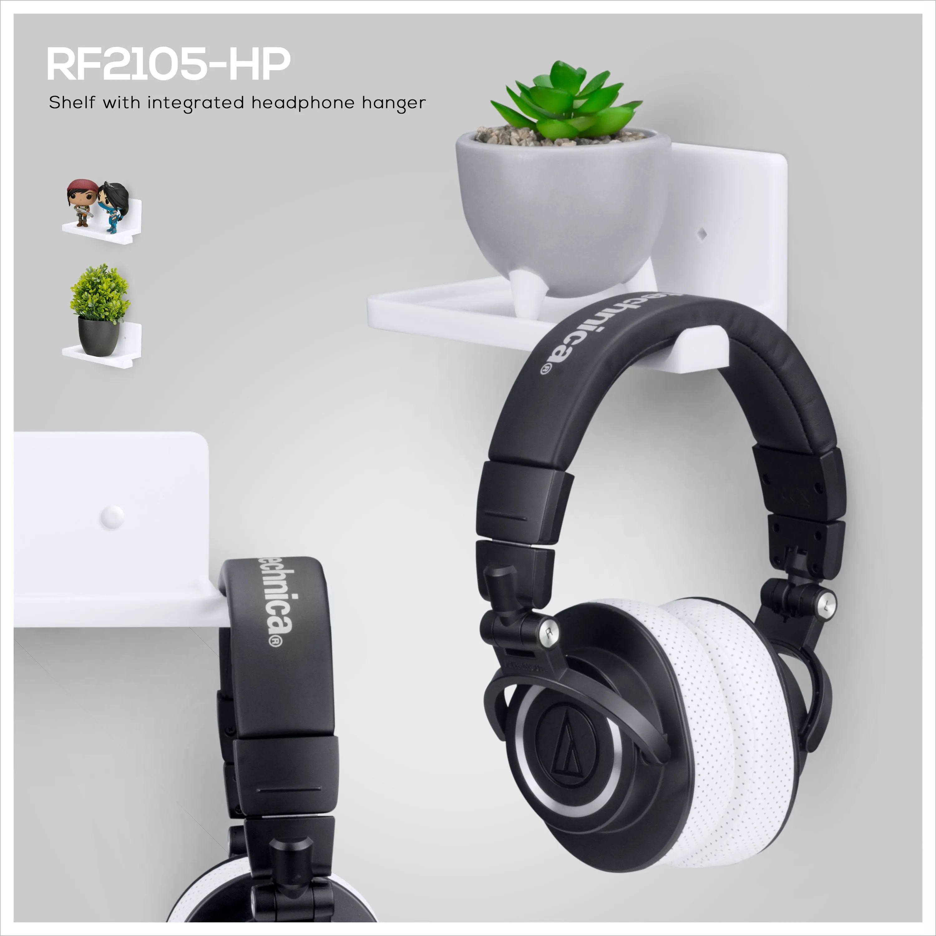 5” Small Floating Shelf with Headphone Hanger, Adhesive & Screw In, For Bluetooth Speakers, Cameras, Plants, Toys, Books & More By Brainwavz (RF2105-HP, White)