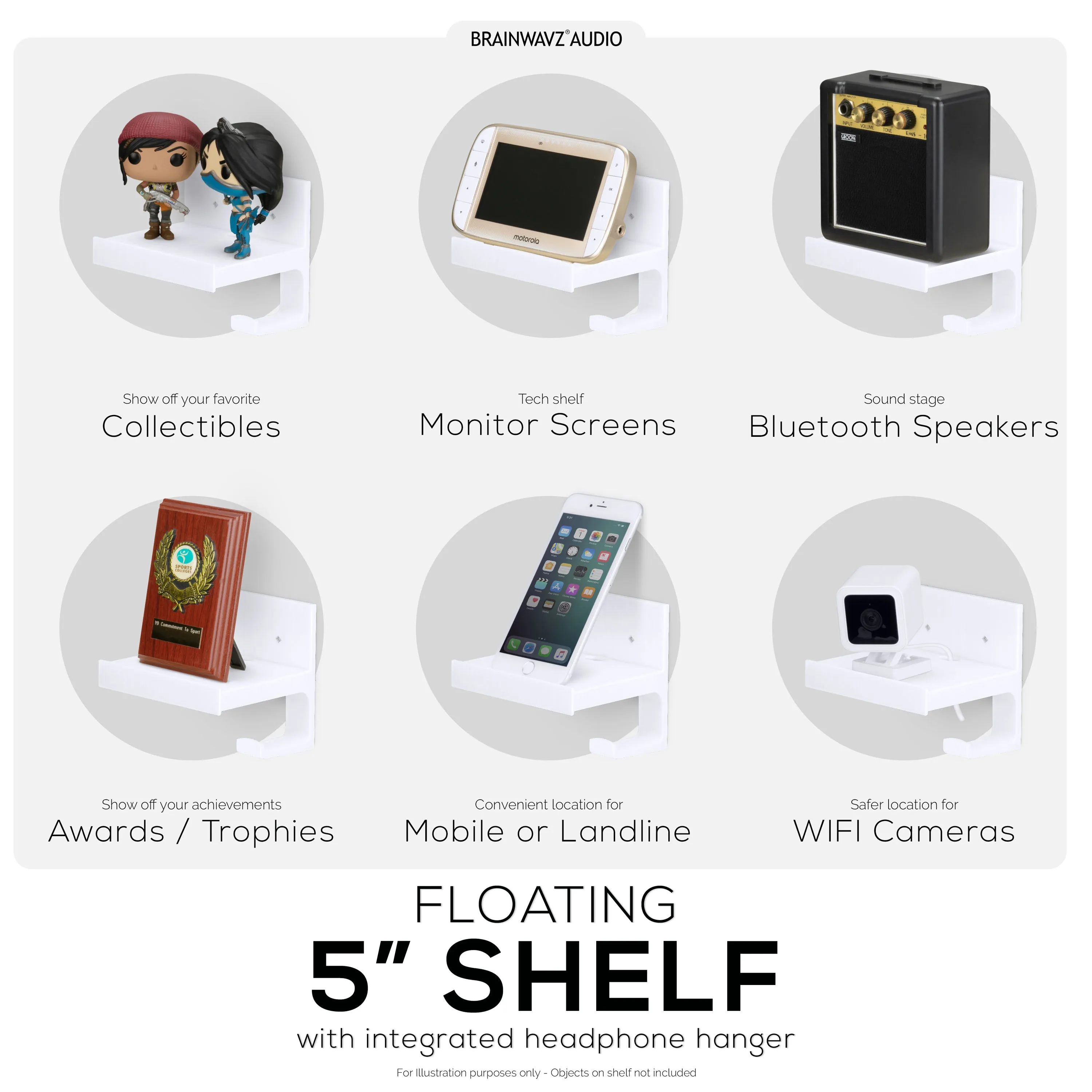 5" Small Floating Shelf With Headphone Hanger, Adhesive & Screw In, For Bluetooth Speakers, Cameras, Plants, Toys & More, Easy to Install (SF2105-HP, White)