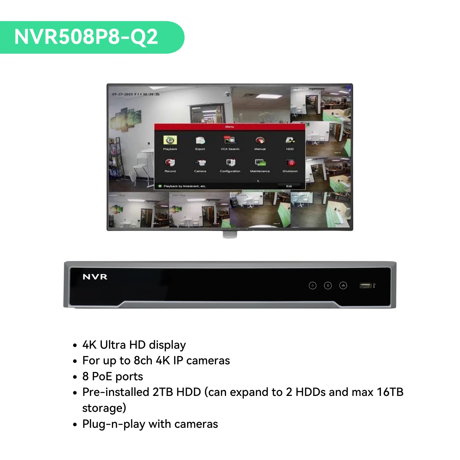 8 Channel 4K PoE IP Camera System with 6*8MP Dome Cameras, 2TB HDD