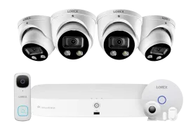 8-Channel NVR Fusion System with Four 4K Smart Deterrence IP Dome Cameras, 2K Wi-Fi Video Doorbell and Smart Sensor Starter Kit