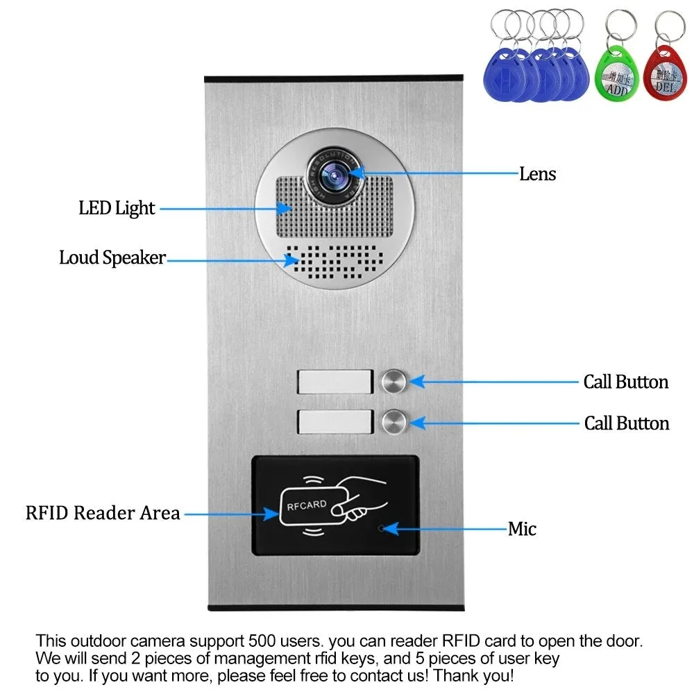 Home 4.3'' TFT Wired Video Intercom Doorbell System RFID Camera with 2 Monitor Exit Button  Electric Lock   Door Access System