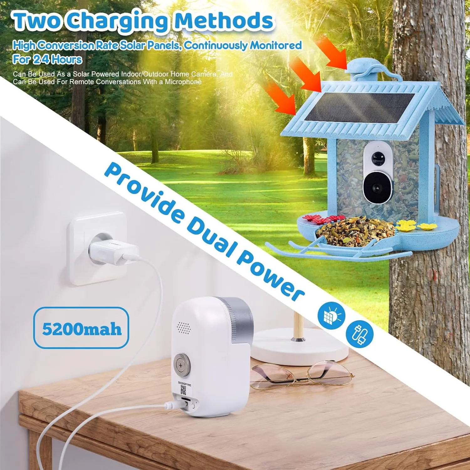 Solar Smart Bird Feeder Outdoor Spy Camera with Night Vision