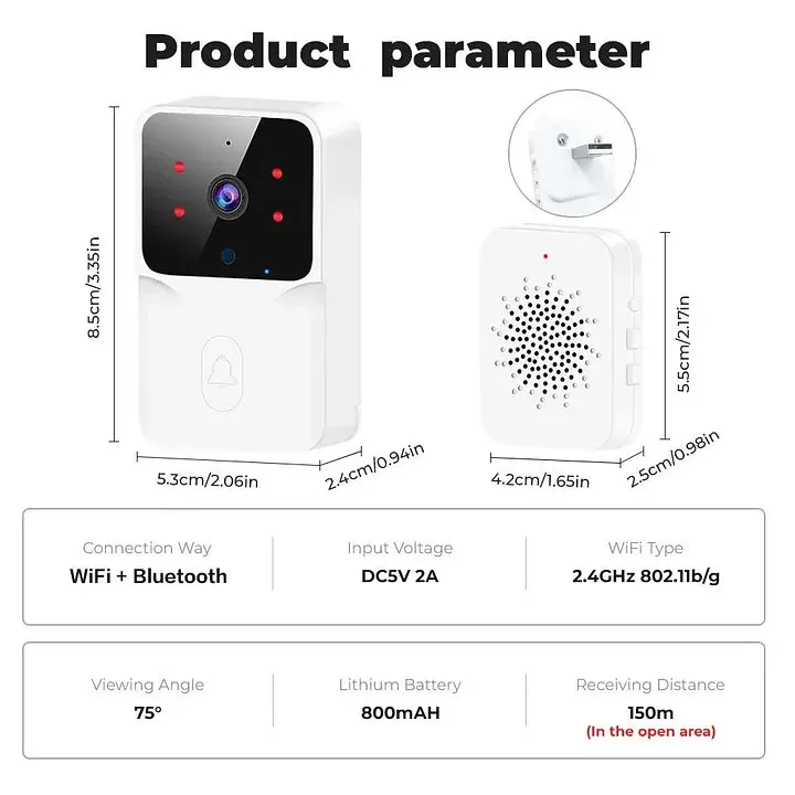 WiFi Video Doorbell HD Camera, PIR Motion Detection, IR Alarm GHomeSmart® ML1T