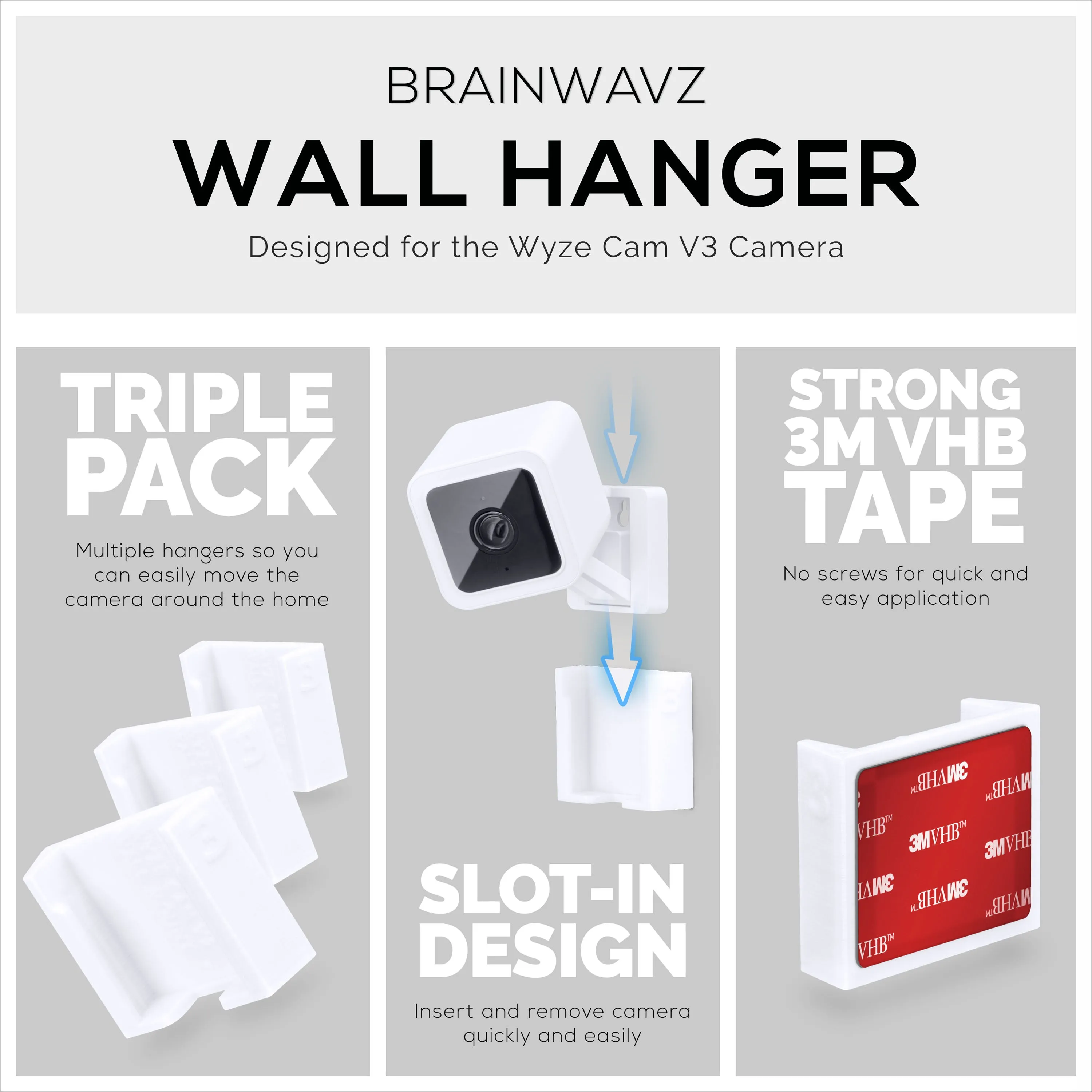 Wyze Cam V3 & V4 (3 Pack) Adhesive Wall Mount - Easy To Install, No Screws & Mess